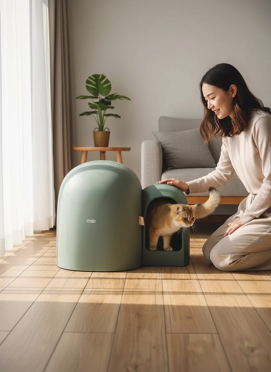 House of Tresse Space Plus Cat Loft, ein modernes, iglu-förmiges Katzenklo in Salbeigrün mit viel Platz und diskretem Eingang.