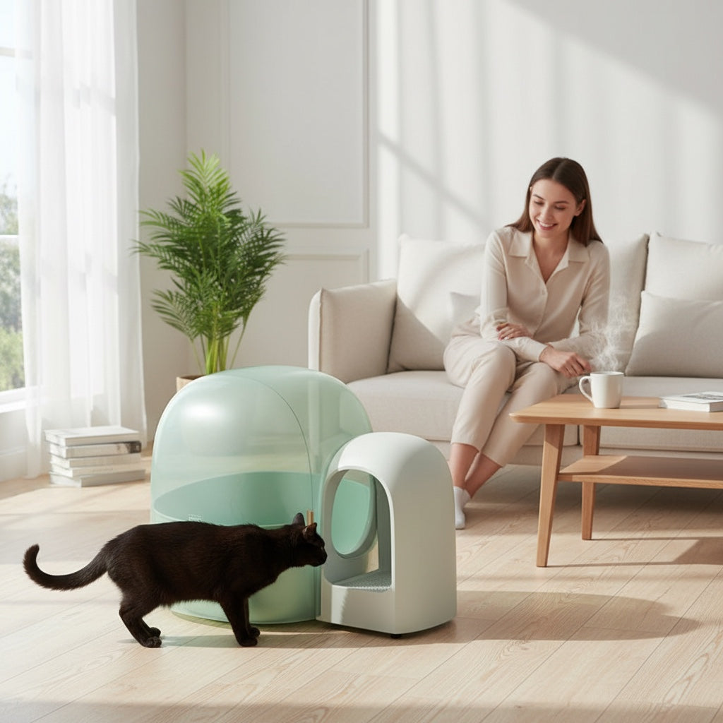 House of Tresse Space Plus Cat Loft, ein modernes, igluartiges Katzenklo mit Belüftungssystem zur Geruchskontrolle, hellgrün.