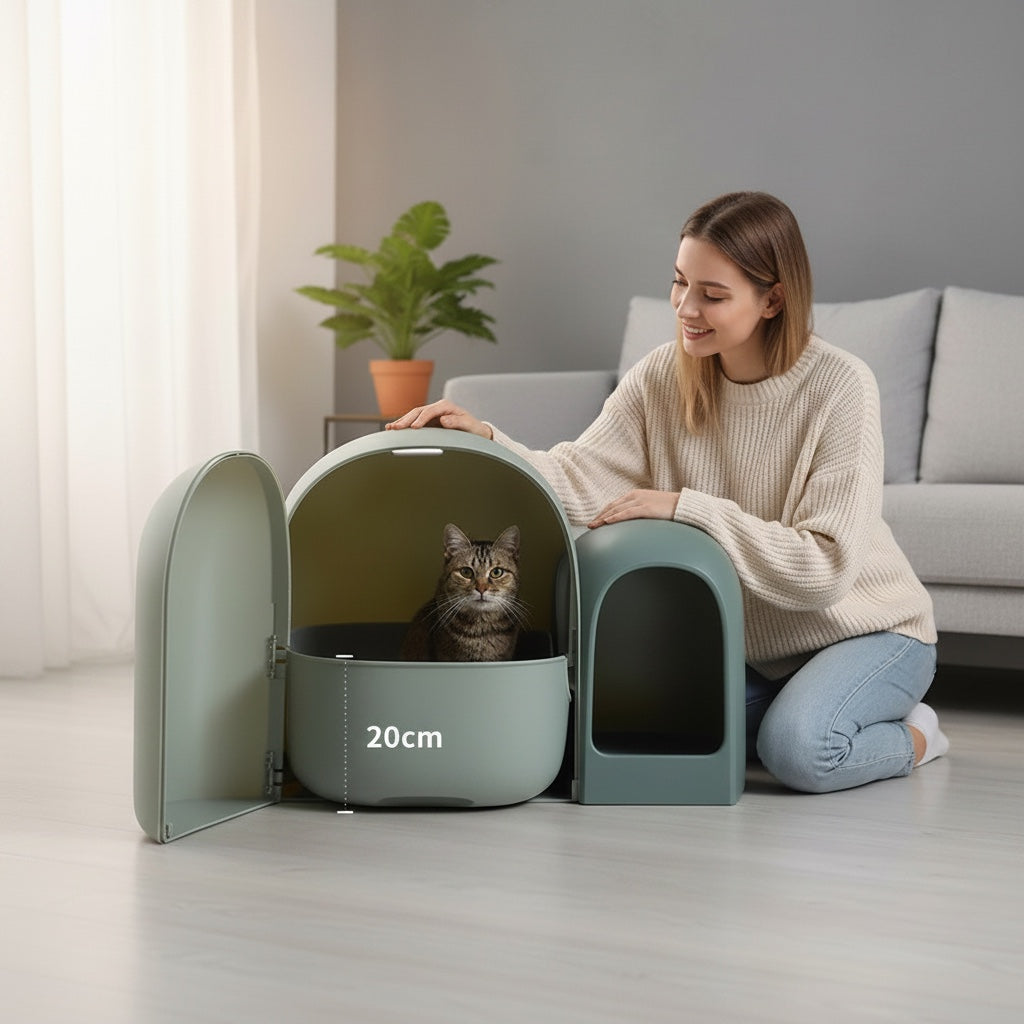 House of Tresse Space Plus Cat Loft, ein modernes, geschlossenes Katzenklo in Iglu-Optik, mintgrün, mit viel Platz für Katzen bis 7,5 kg.