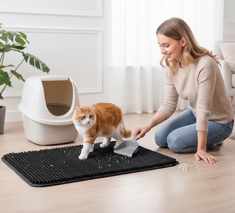 House of Tresse schwarze Katzenstreu-Matte mit Wabenstruktur, fängt Streu auf und hält das Zuhause sauber.