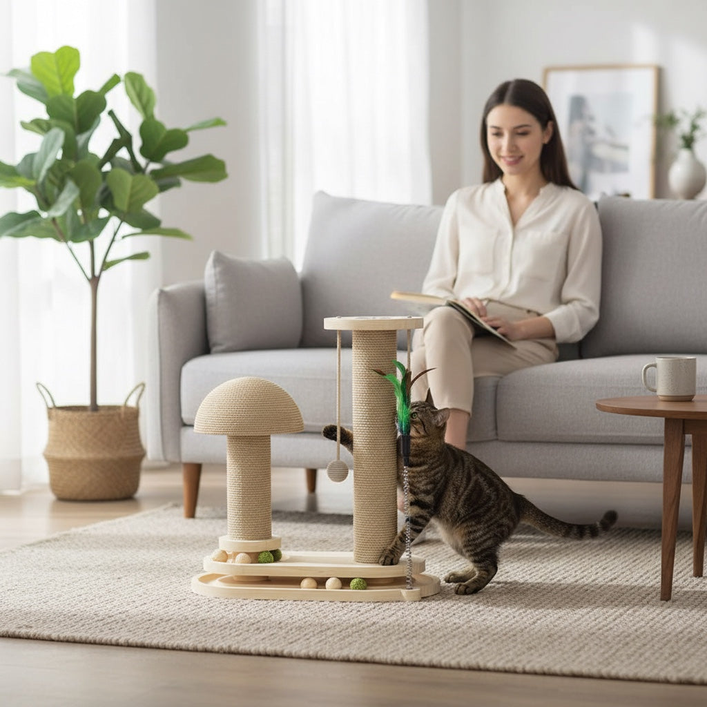 House of Tresse Kratzbaum mit Pilzform und Sisal-Kratzstamm, beige