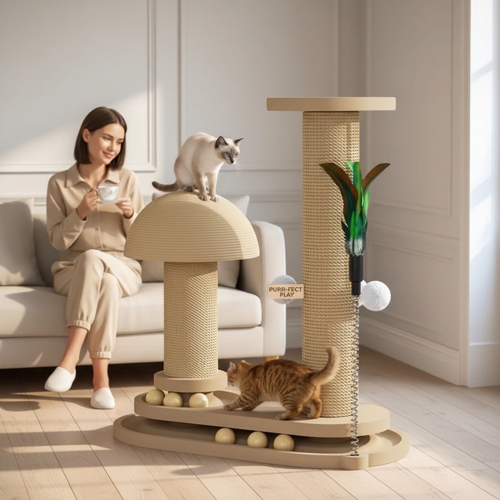 House of Tresse Kratzbaum mit Pilz-Design, Sisal-Ummantelung, Spielzeug und Bällen, beige