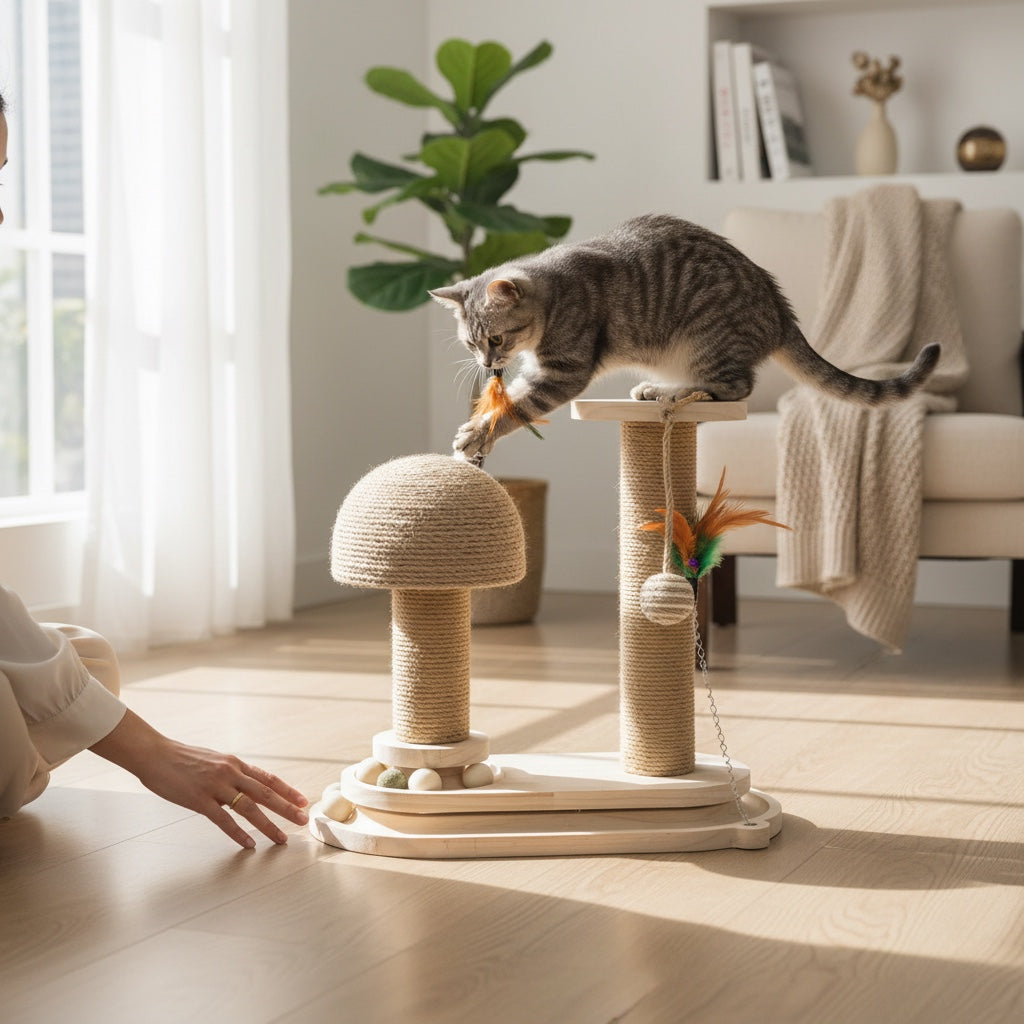 House of Tresse Woodland Kratzbaum mit Pilz-Design, Sisal-Seil und Feder-Spielzeug