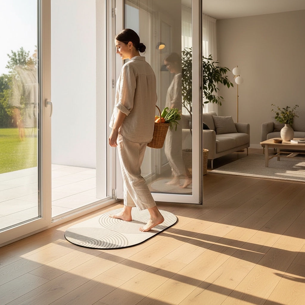 House of Tresse ovaler Küchenteppich mit Anti-Fatigue-Kern und rutschfester Unterseite, erhältlich in Beige, Grau und Braun.