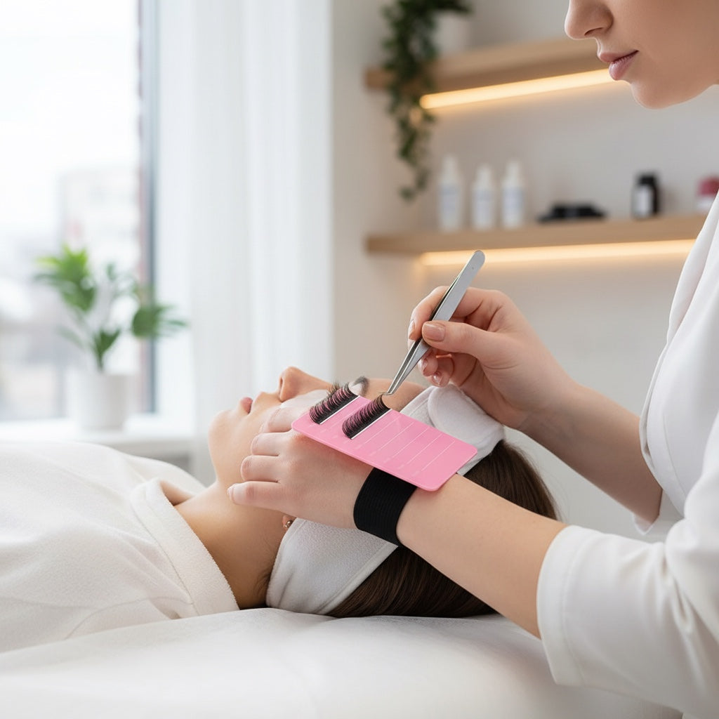 House of Tresse LashPalette am Handgelenk einer Wimpernstylistin bei der Arbeit an einer Kundin im Studio