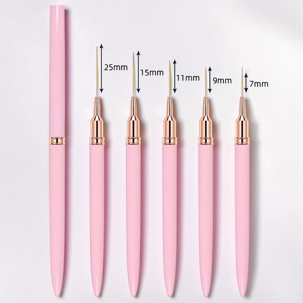 House of Tresse LineMaster Pinsel-Set mit 5 rosafarbenen Nail-Art-Pinseln in verschiedenen Längen für präzise Linien.