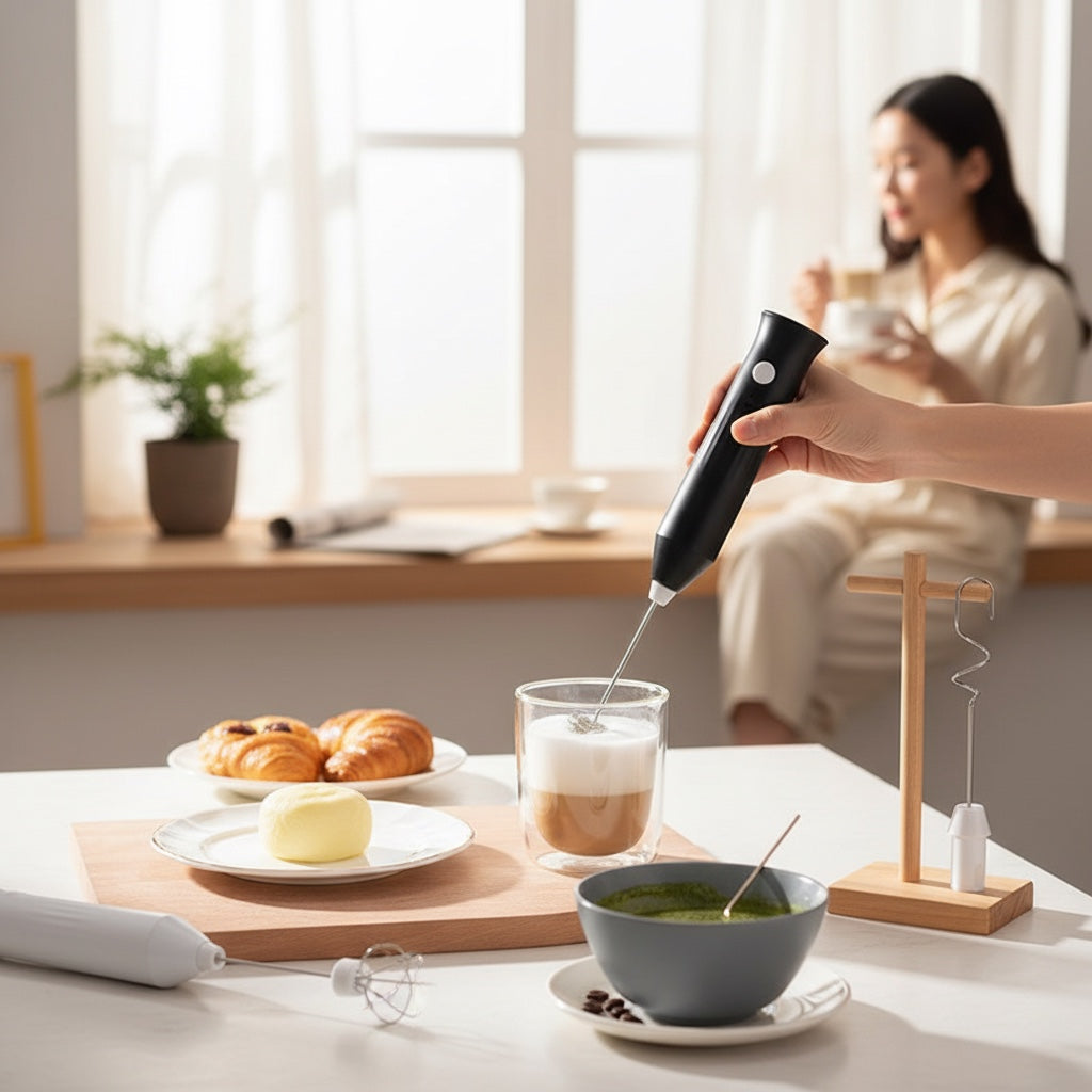 House of Tresse VoltVibe Milchaufschäumer in Schwarz und Weiß, ideal für Latte und gemischte Getränke.