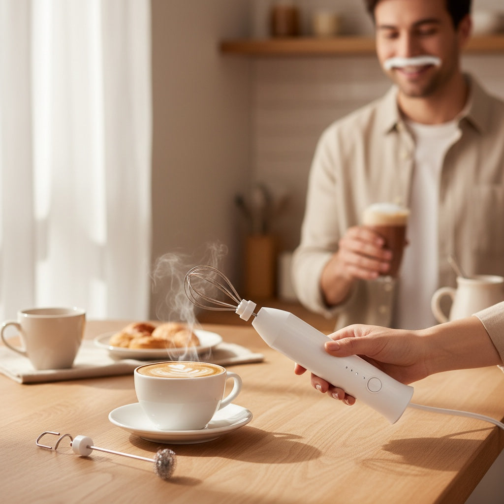 House of Tresse VoltVibe weißer Milchaufschäumer mit 3 Aufsätzen für perfekten Milchschaum