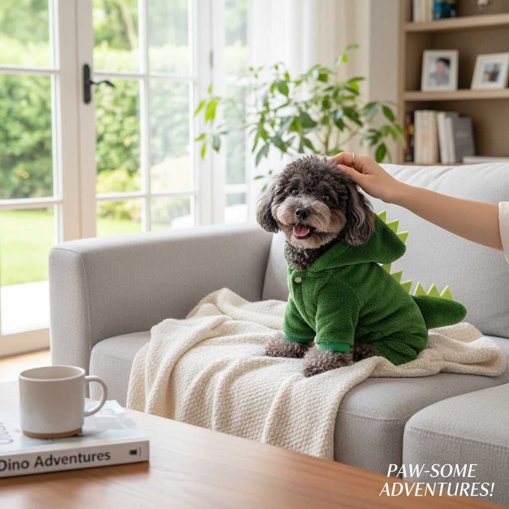 House of Tresse Mini-Monster Hoodie für Hunde, grüner Frottee-Stoff mit Dino-Stacheln und Kapuze