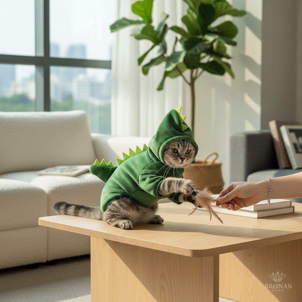 House of Tresse Mini-Monster Hoodie: Grüne Fleece-Katzenkleidung mit Dino-Kapuze und Stacheln, ideal für Fotoshootings.