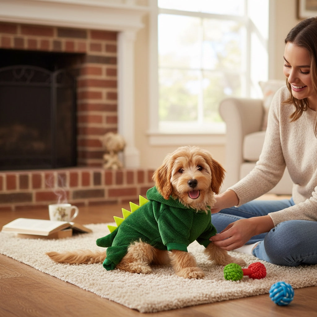 House of Tresse Mini-Monster Hoodie aus weichem, grünem Fleece mit Dino-Stacheln und Kapuze für Katzen.