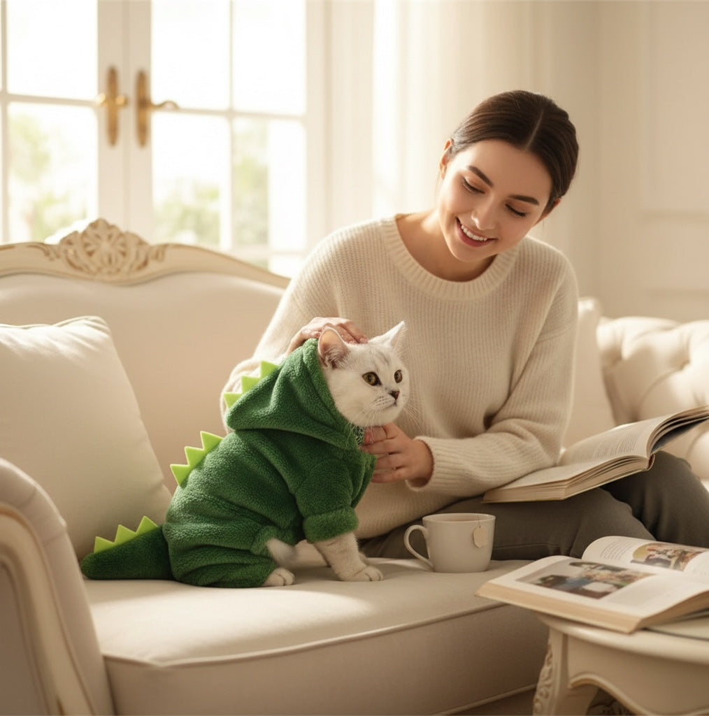 House of Tresse Mini-Monster Hoodie: Ein weicher, grüner Kapuzenpullover für Katzen im Dinosaurier-Design mit 3D-Stacheln.