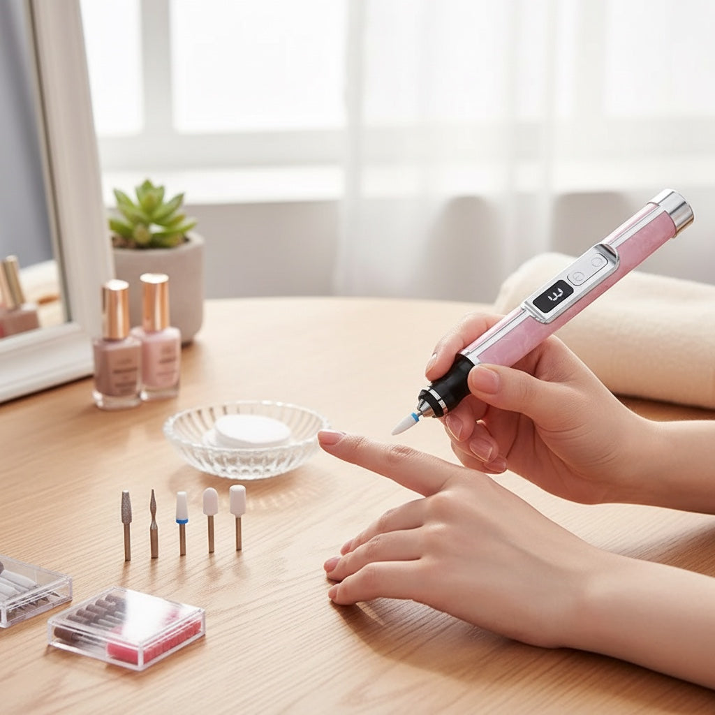 House of Tresse NailSonic kabelloser Nagelfräser in Rosa mit LCD-Display bei der Maniküre auf einem Holztisch.