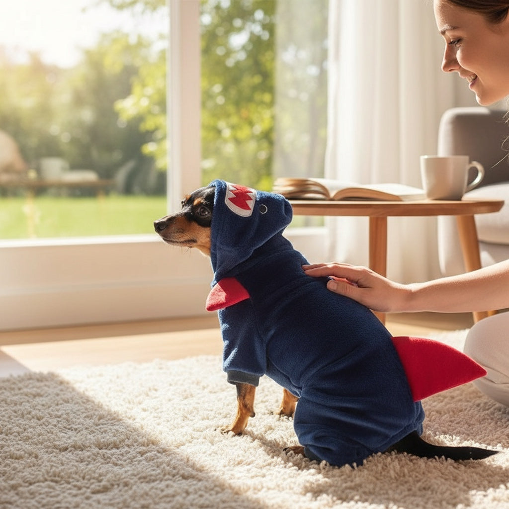 House of Tresse PawsplayHoodie: Ein kleiner Hund trägt einen kuscheligen, dunkelblauen Fleece-Hoodie im Haifisch-Design.