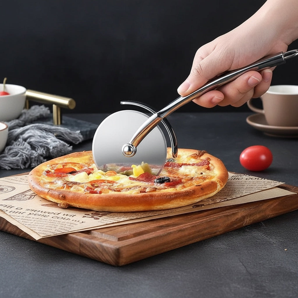 House of Tresse Pizzarad aus Edelstahl mit scharfer Klinge und ergonomischem Griff schneidet eine Pizza.