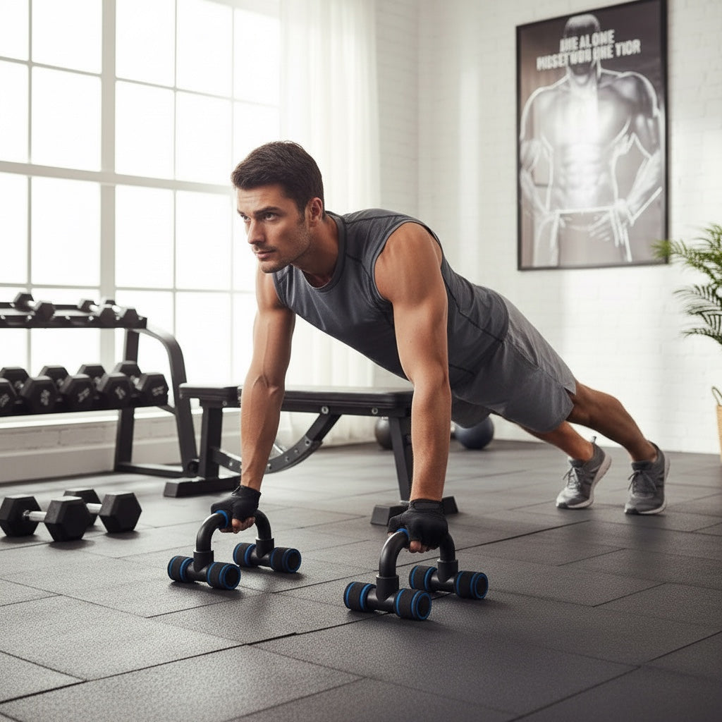 Athlet beim Liegestütz-Training mit House of Tresse PowerGrip Griffen für eine neutrale, schmerzfreie Handgelenkshaltung
