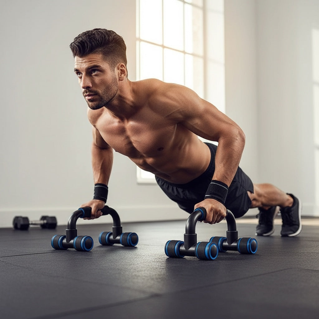 Athletischer Mann trainiert Liegestütze mit House of Tresse PowerGrip Griffen für eine neutrale Handgelenkshaltung.