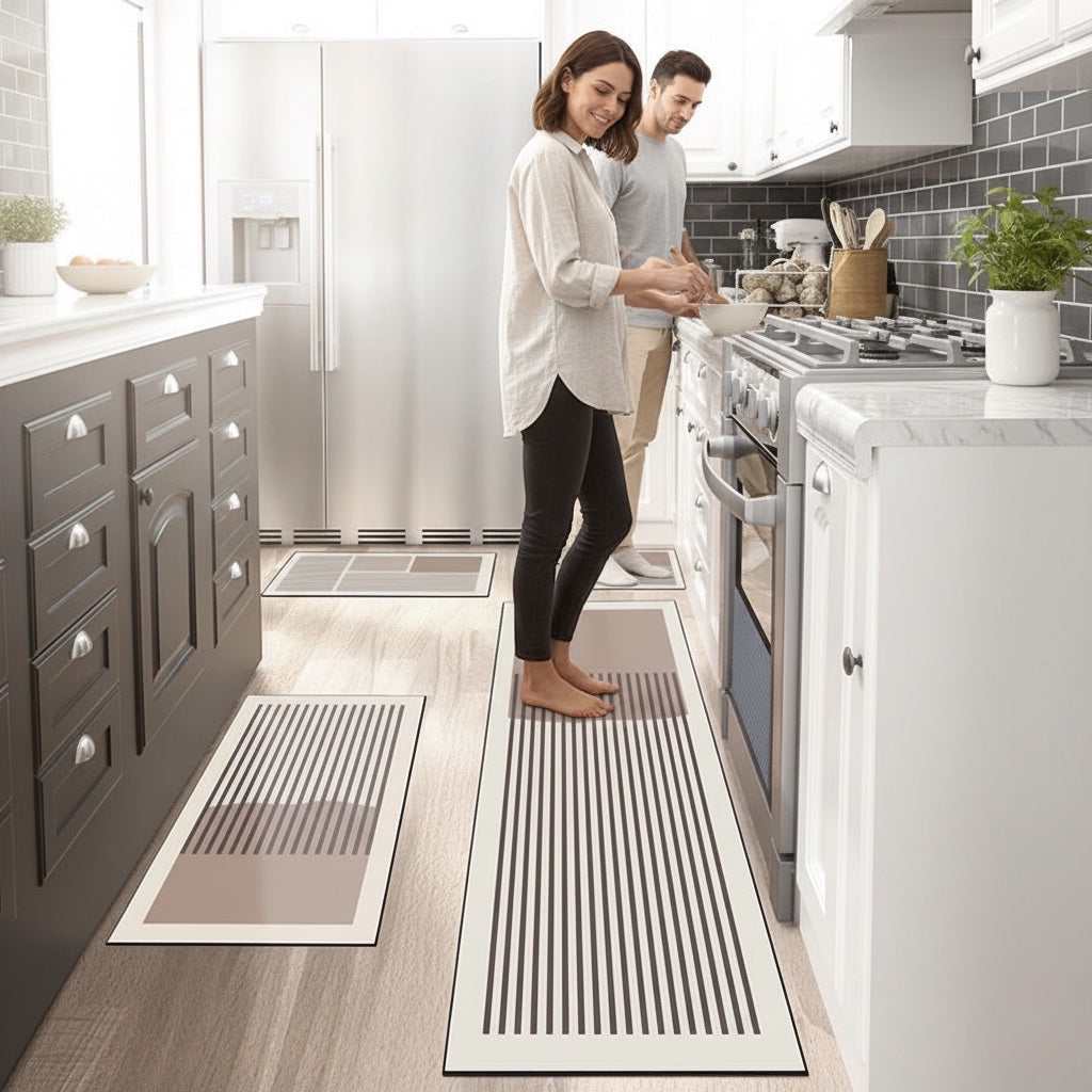 House of Tresse PureLine rechteckiger Küchenteppich mit vertikalen Streifen und geometrischem Muster in Beige und Braun