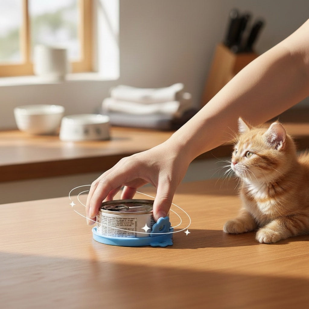 House of Tresse PureSeal blauer Silikondeckel auf einer Dose Katzenfutter, 360 Grad drehbar