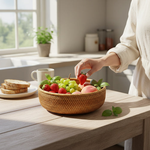 House of Tresse runde Korbschale aus Rattan, 20 cm Durchmesser, ideal für Obst und Gemüse