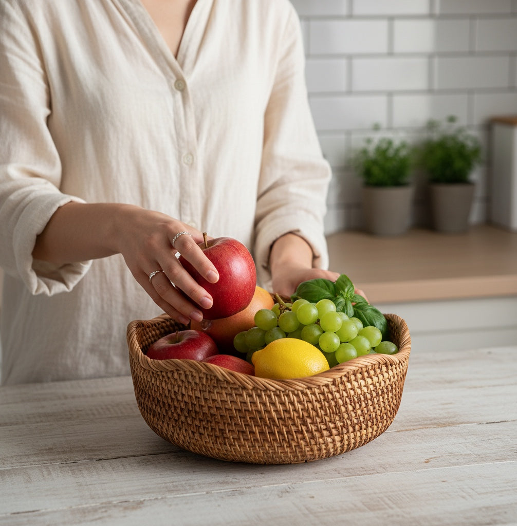 House of Tresse BohoBasket aus Rattan, rund, naturfarben, für Obst und Gemüse