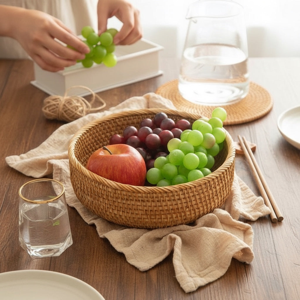House of Tresse runde Korbschale aus Rattan, gefüllt mit roten und grünen Trauben sowie einem roten Apfel.
