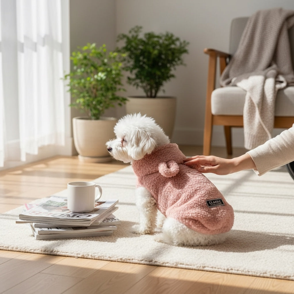 House of Tresse rosa Teddy-Pullover aus Plüsch mit Ohren-Applikation und Kapuze für Hunde und Katzen