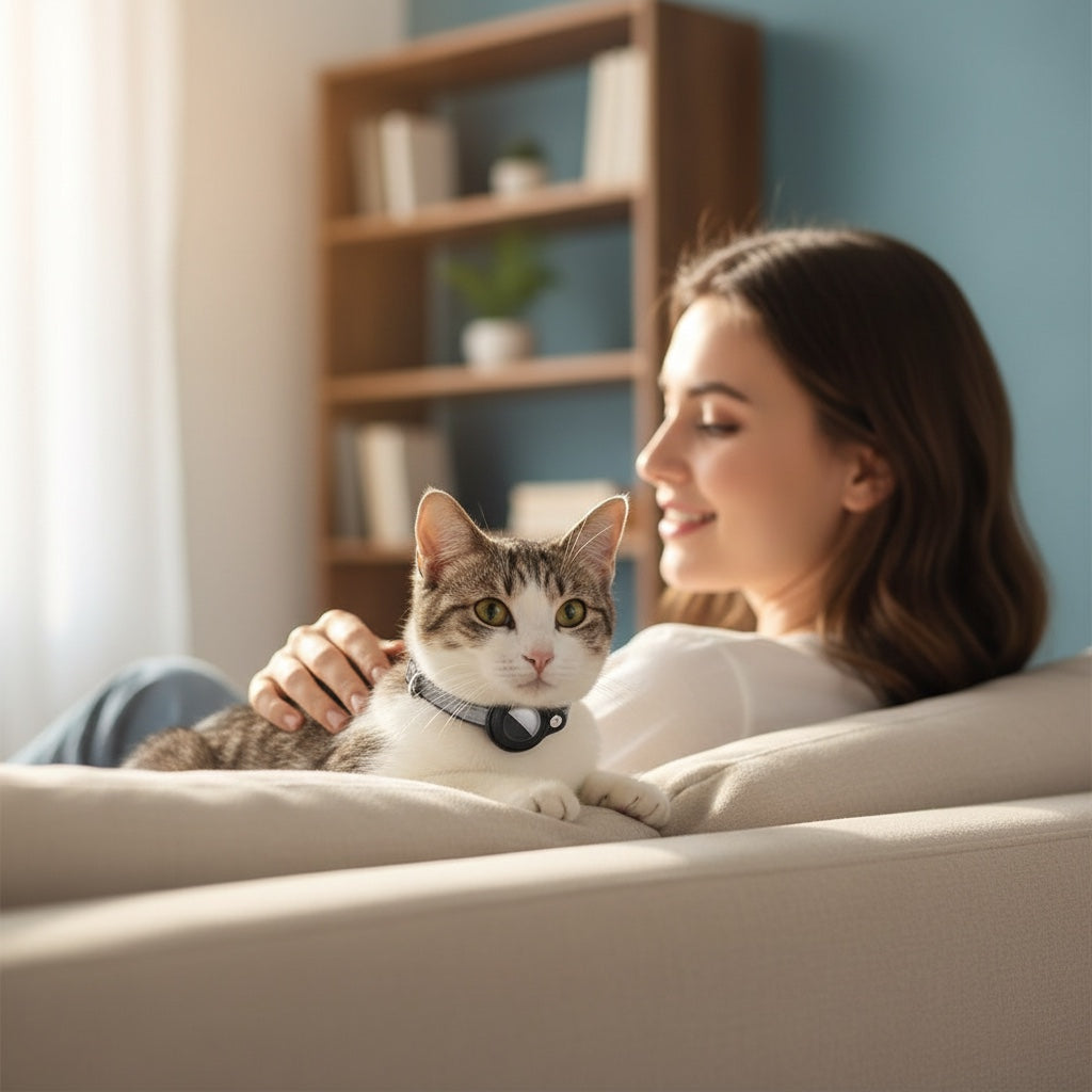 House of Tresse SafeTail Lederhalsband mit integriertem AirTag an einer Katze, die bei ihrer Besitzerin auf dem Sofa liegt.