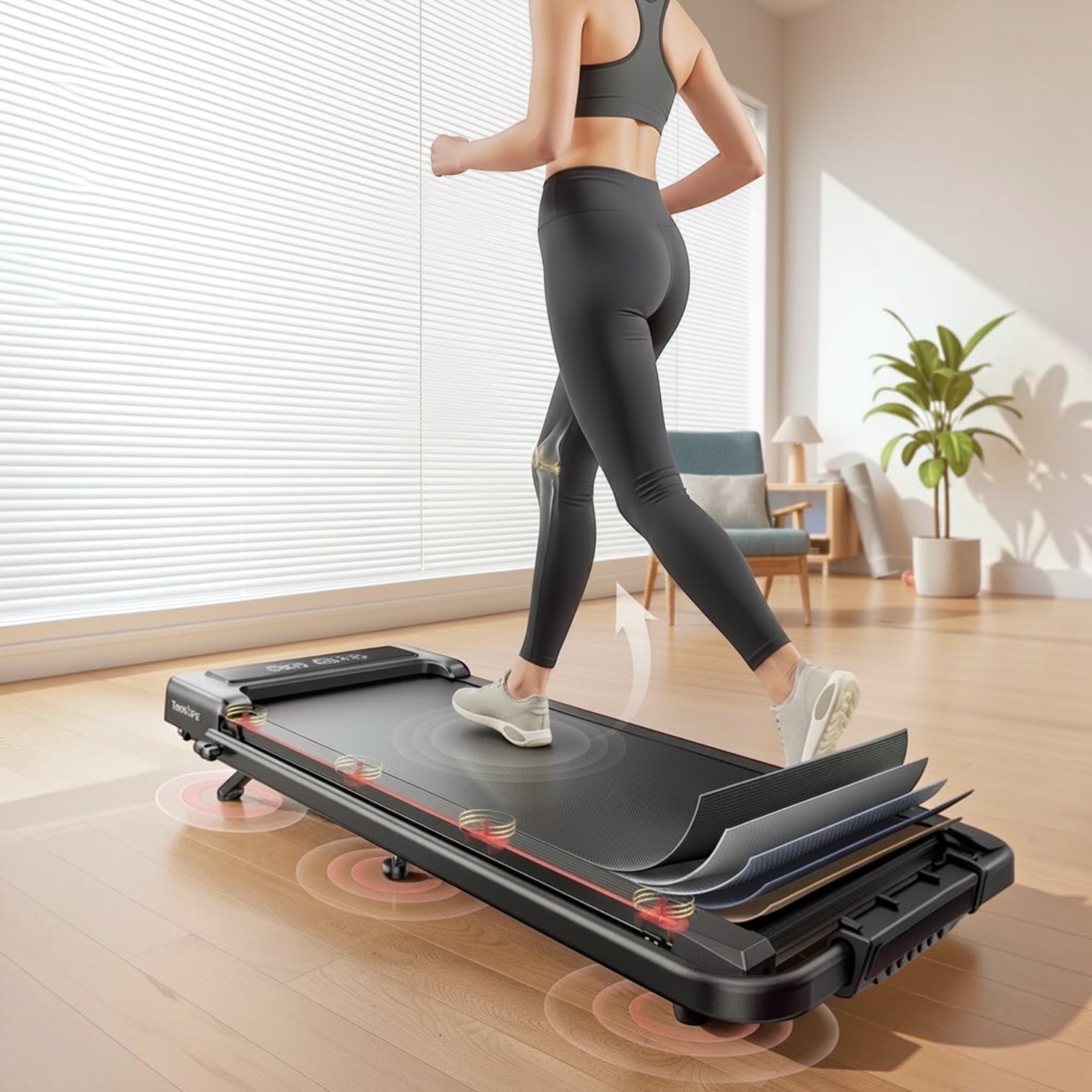 House of Tresse SkyWalk Laufband mit gelenkschonender Dämpfung für ein natürliches Laufgefühl im hellen Wohnzimmer.