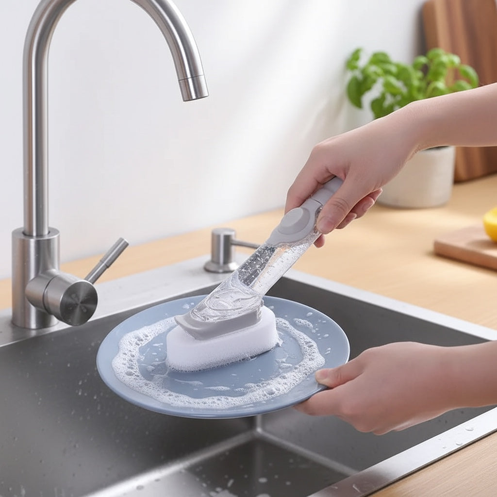 House of Tresse SmartScrub Spülbürste mit integriertem Spülmittelspender, grau und transparent