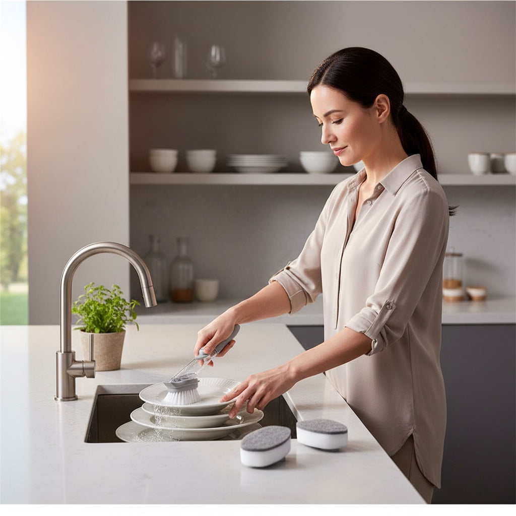 House of Tresse SmartScrub Spülbürste mit integriertem Spülmittelspender und austauschbaren Bürstenköpfen.