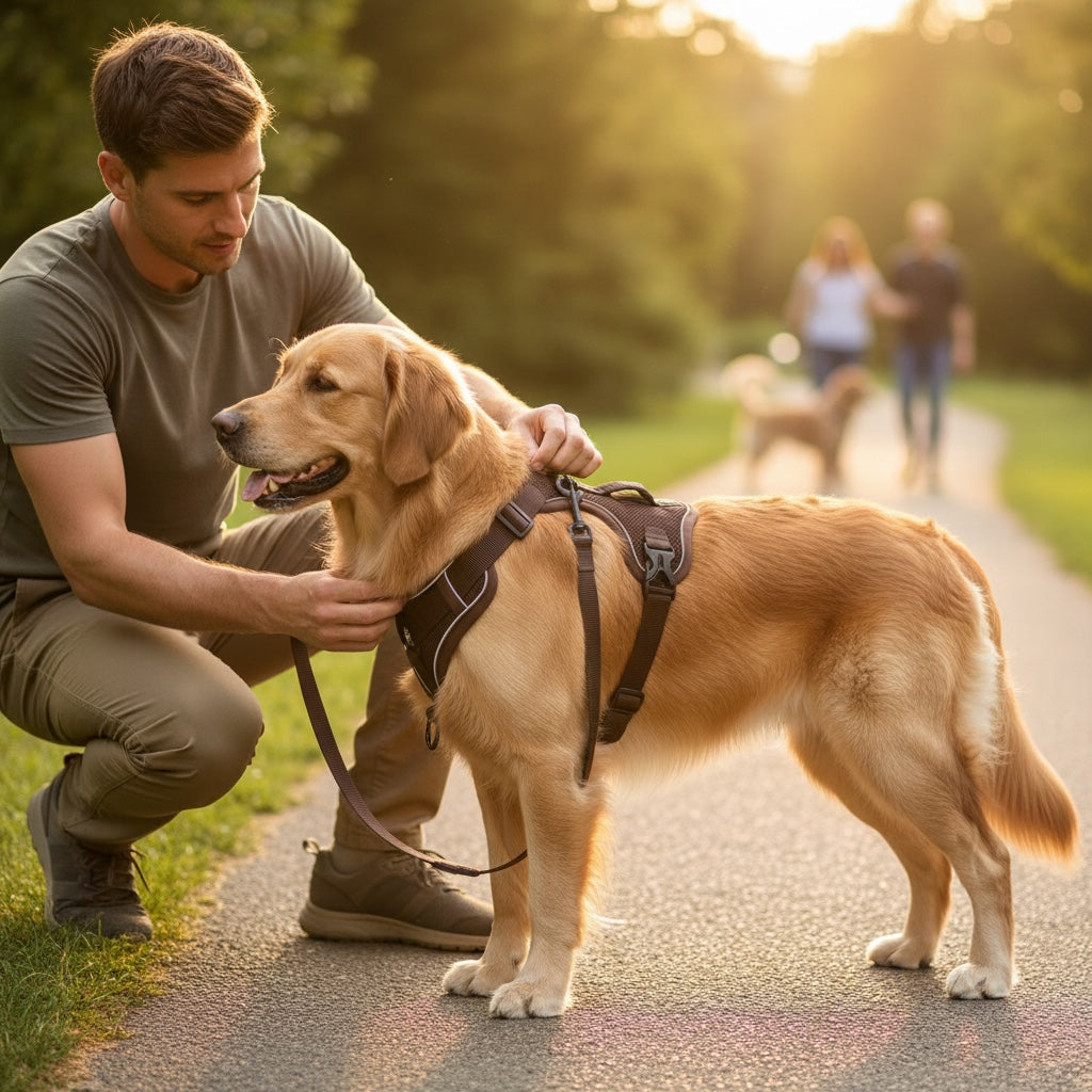 House of Tresse Soft-Safety Pro Hundegeschirr aus braunem Nylon mit reflektierenden Streifen und Leine
