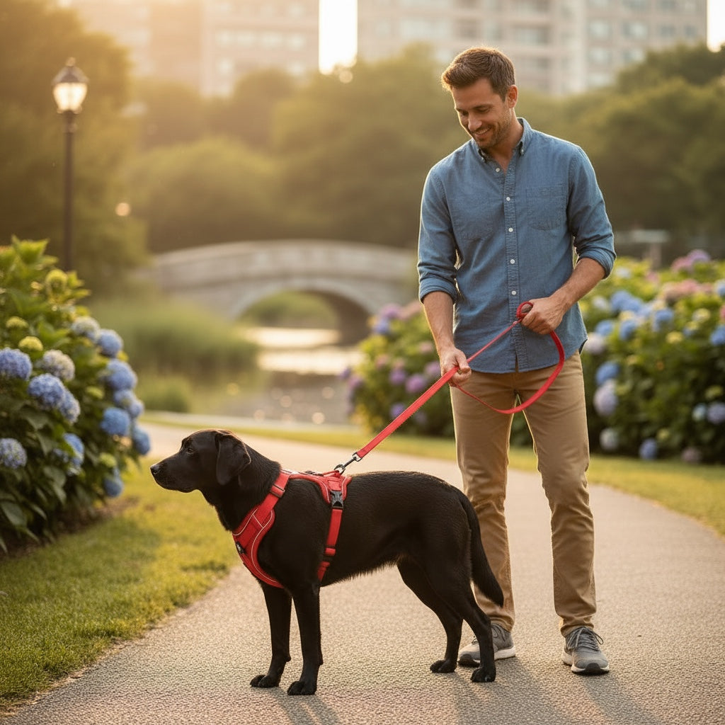 House of Tresse Soft-Safety Pro rotes Hundegeschirr aus Nylon mit Leine, für sichere Spaziergänge