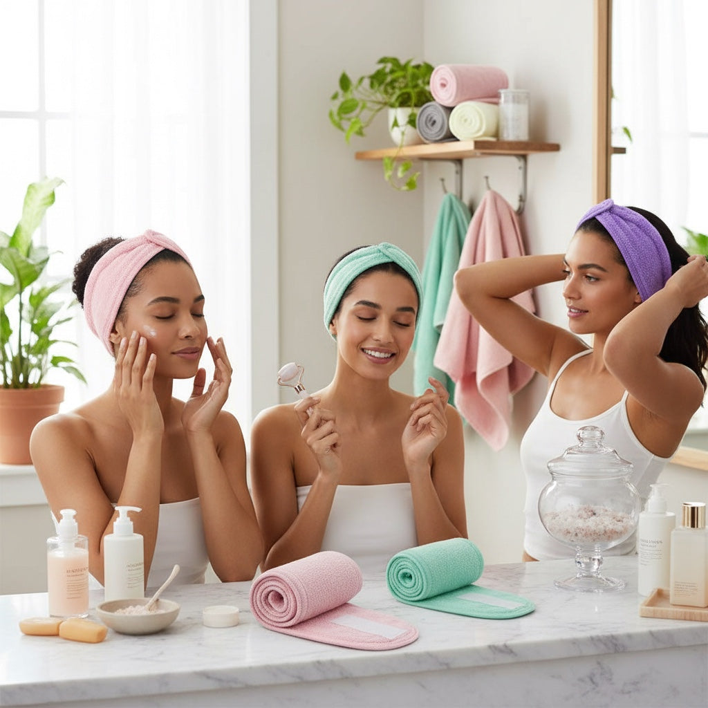 Drei Frauen tragen House of Tresse SpaBand Stirnbänder in Pastellfarben während ihrer Skincare-Routine im Badezimmer.