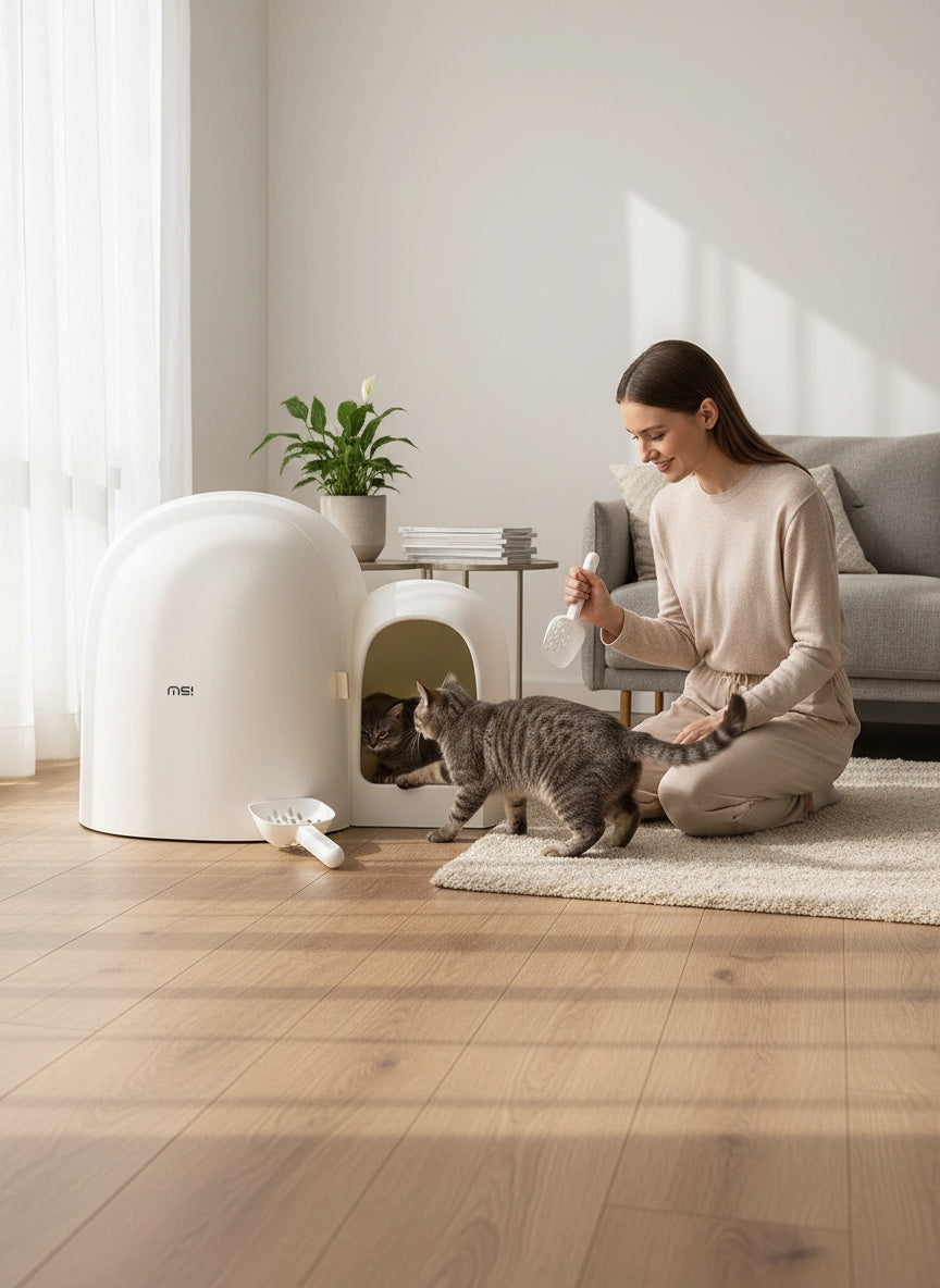 House of Tresse Space Plus Cat Loft, weißes, iglu-förmiges Katzenklo mit großem Eingang und integrierter Schaufel