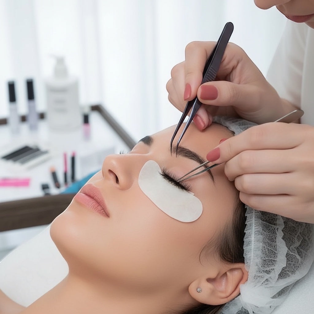 House of Tresse StudioLine Set Anwendung: Wimpernstylistin appliziert Extensions mit Pinzetten und Augenpads am Modell