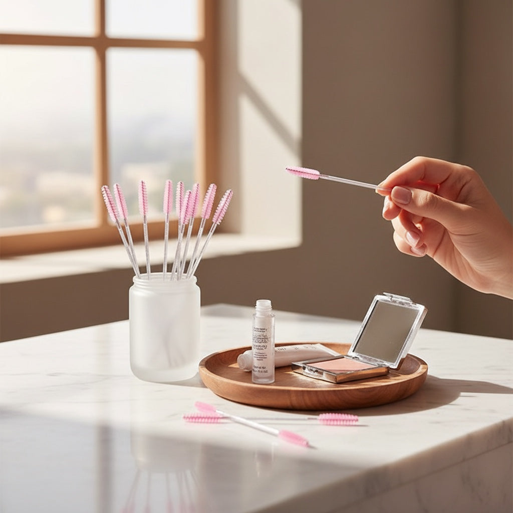 House of Tresse StudioLine Set mit rosa Wimpernbürstchen in einem Glasbehälter auf einem Marmortisch