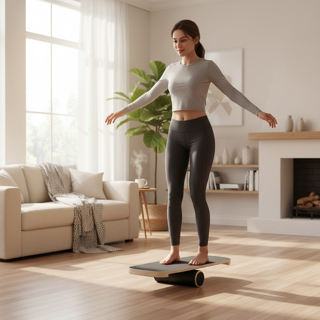 Frau trainiert auf einem House of Tresse TimberBalance Board aus 13-lagigem Massivholz in einem hellen Wohnzimmer.