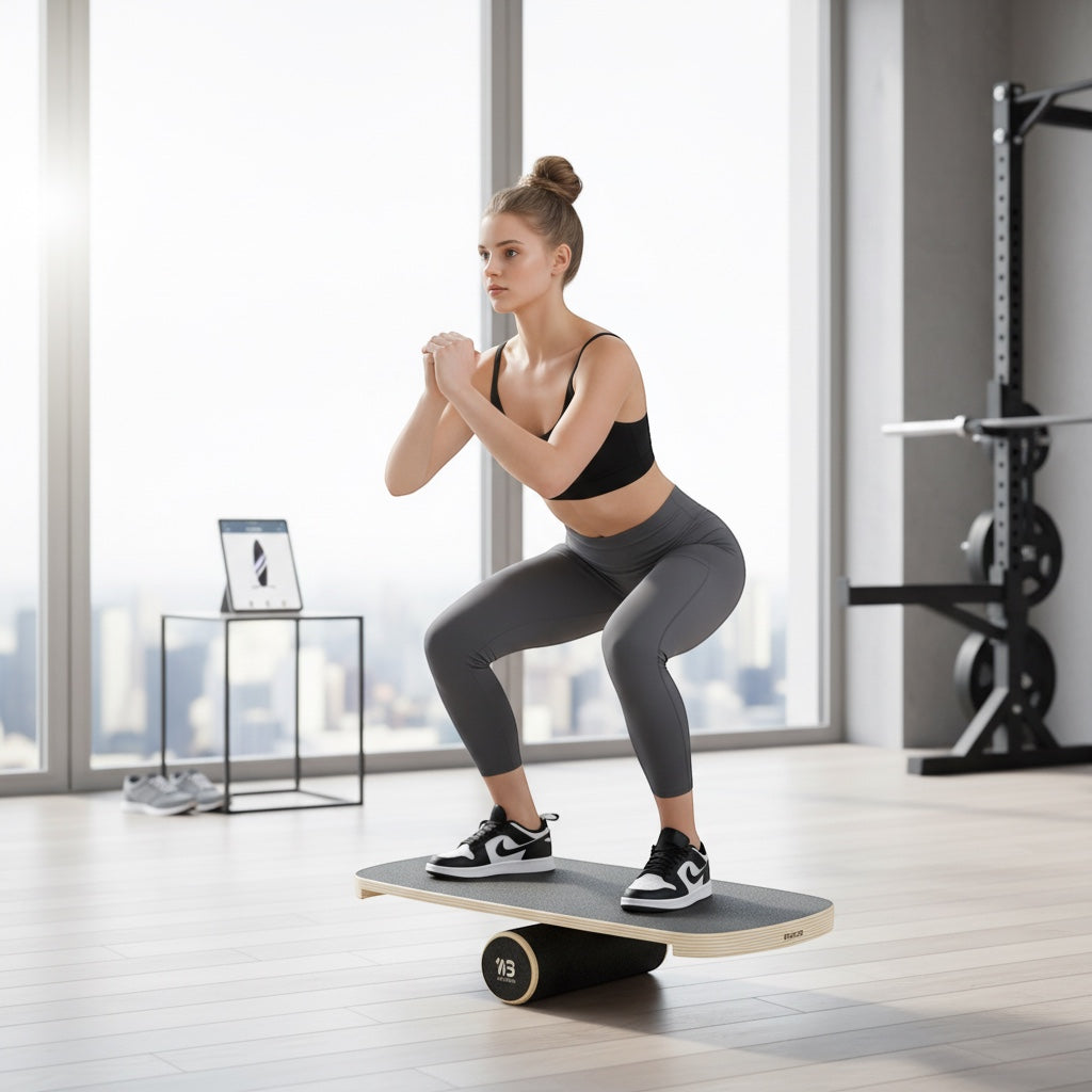 Frau trainiert in einem hellen Fitnessraum auf dem House of Tresse TimberBalance Board aus 13 Lagen Massivholz.