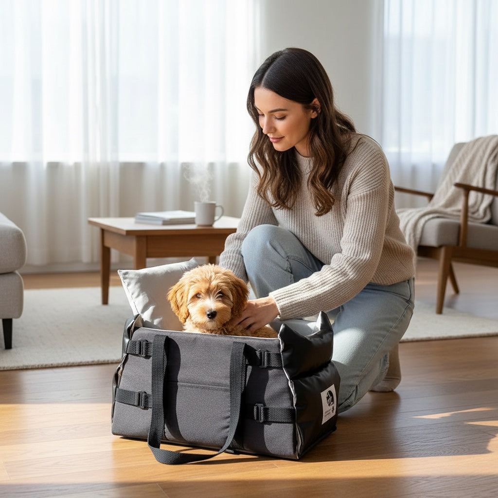 House of Tresse VentureBuddy Hundetragetasche aus grauem Stoff mit orthopädischem Boden und Kissen