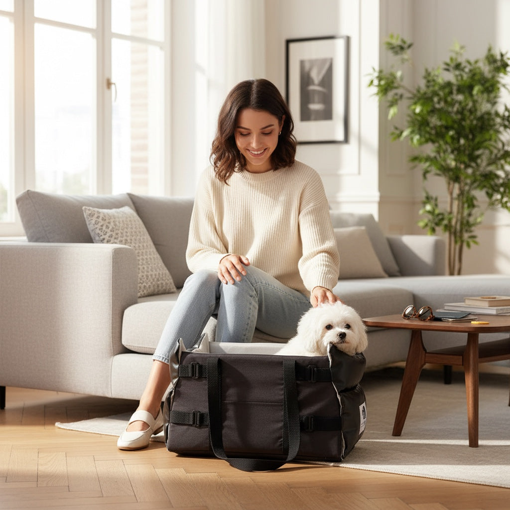 House of Tresse VentureBuddy Hundetragetasche aus strapazierfähigem Stoff mit orthopädischem Boden und Panoramablick für kleine Hunde.
