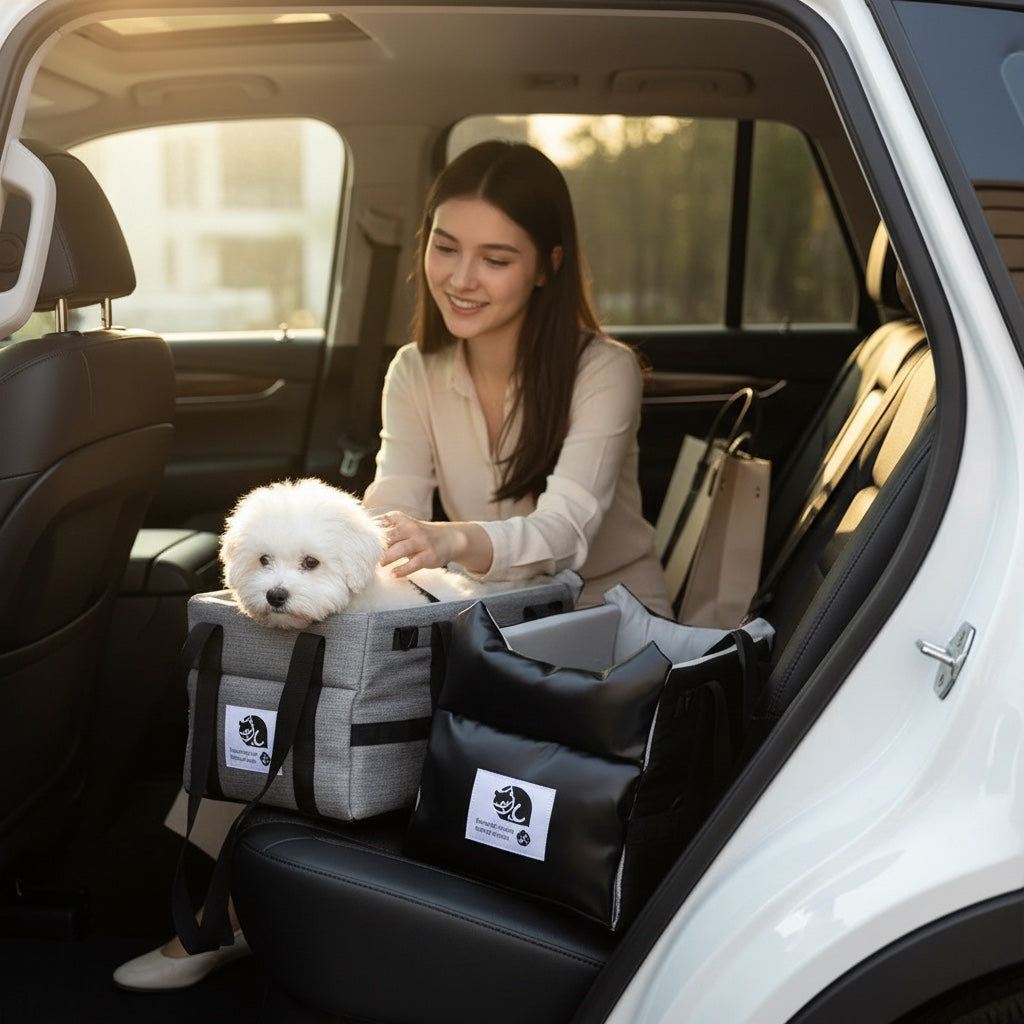 House of Tresse VentureBuddy Hundetragetasche aus grauem und schwarzem Stoff mit orthopädischem Boden und Panoramaschutz