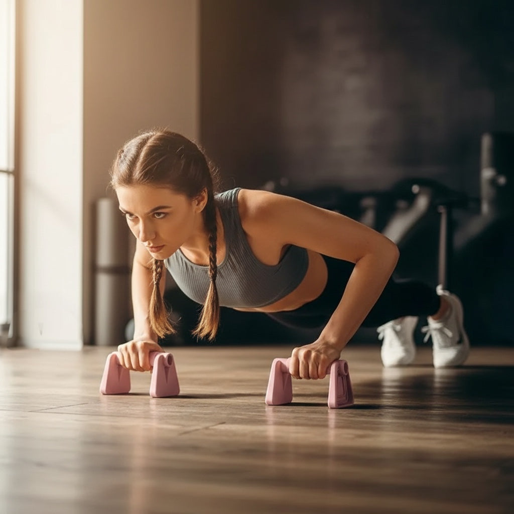 Eine Frau trainiert mit rosa VibeUp Liegestützgriffen von House of Tresse für eine ergonomische, gelenkschonende Haltung.