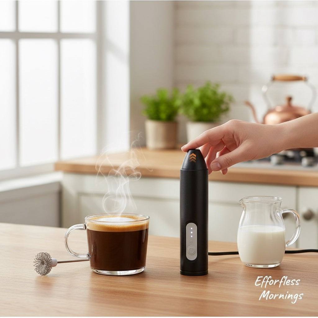 House of Tresse VoltVibe Milchaufschäumer mit Smart-Whisk-Technologie, schwarz, einfach zu bedienen und zu montieren.