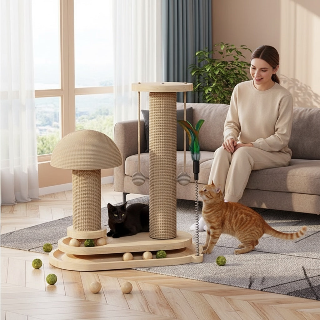 House of Tresse Woodland Kratzbaum mit Pilz-Design, Sisal, Spielzeug und Kugeln