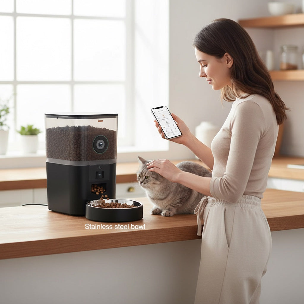 House of Tresse EyeFeed Pro Futterautomat in Weiß und Schwarz mit HD-Kamera und App-Steuerung