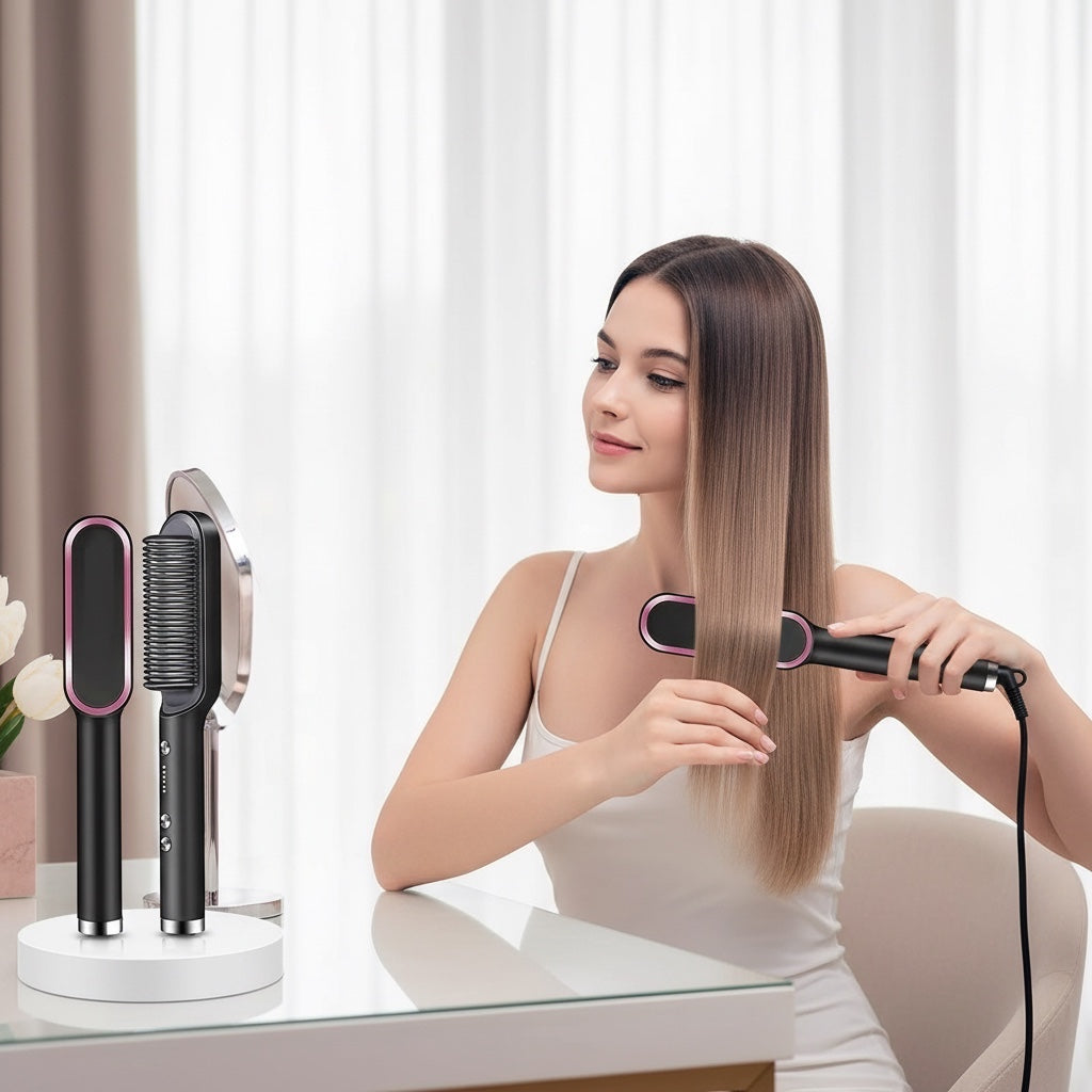 House of Tresse PureShine Haarglättungsbürste mit Keramik-Borsten für seidigen Glanz und Volumen, 5 Temperatureinstellungen, für trockenes und nasses Haar.