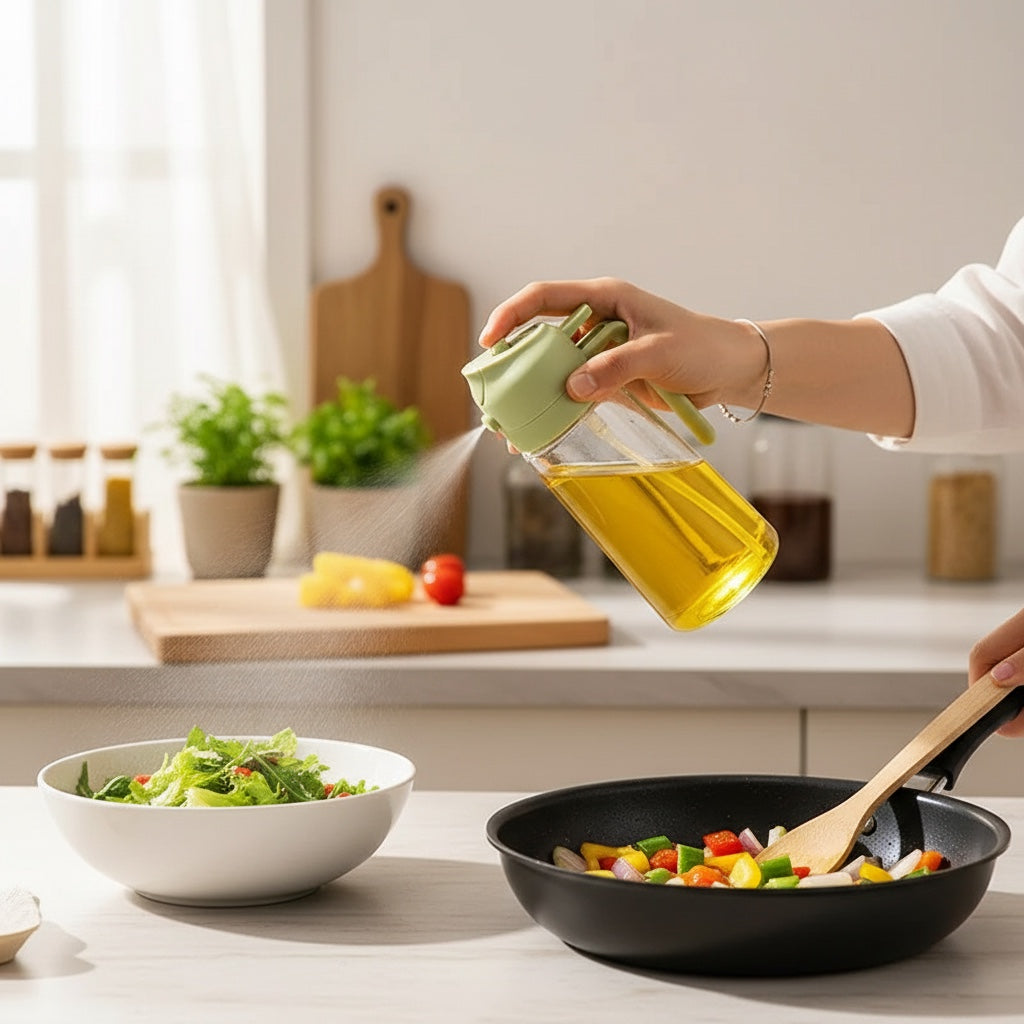 House of Tresse TwinFlow 2-in-1 Öl-Sprühflasche und Ausgießer aus Glas, grün